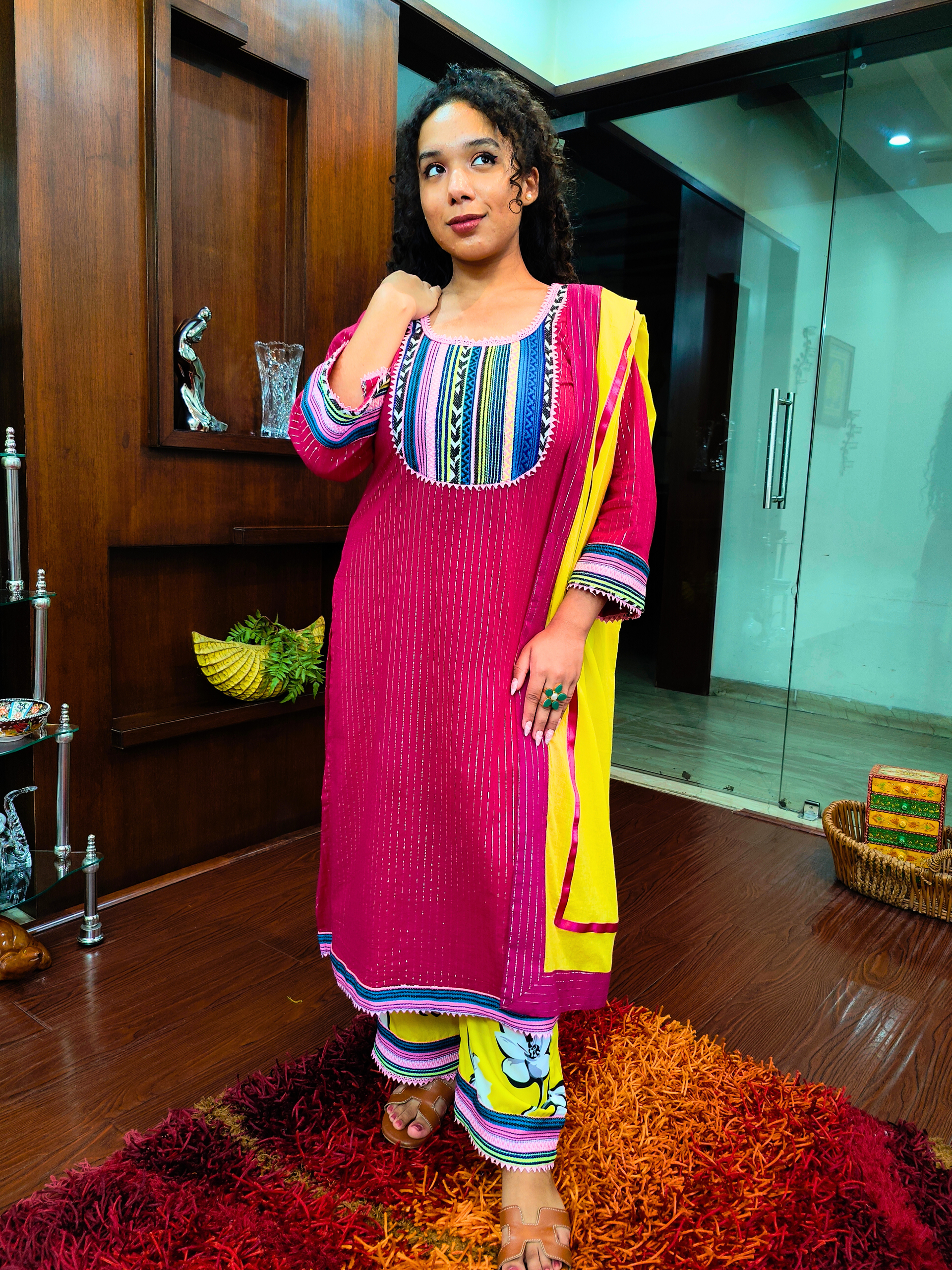 Maroon Striped Multi Embroidered Cotton Stitched Suit Set