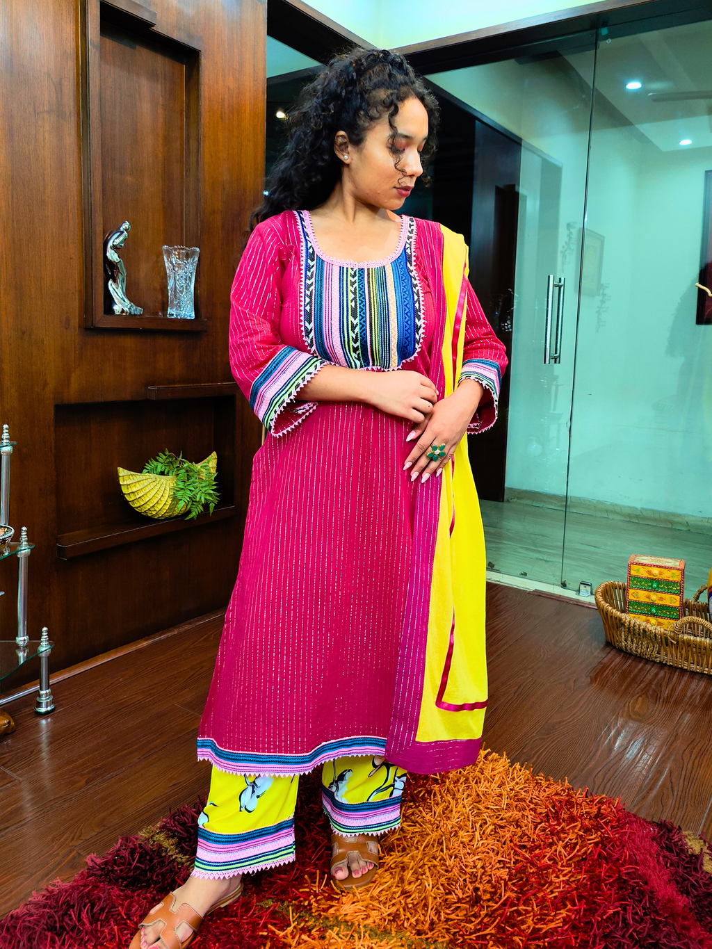 Maroon Striped Multi Embroidered Cotton Stitched Suit Set