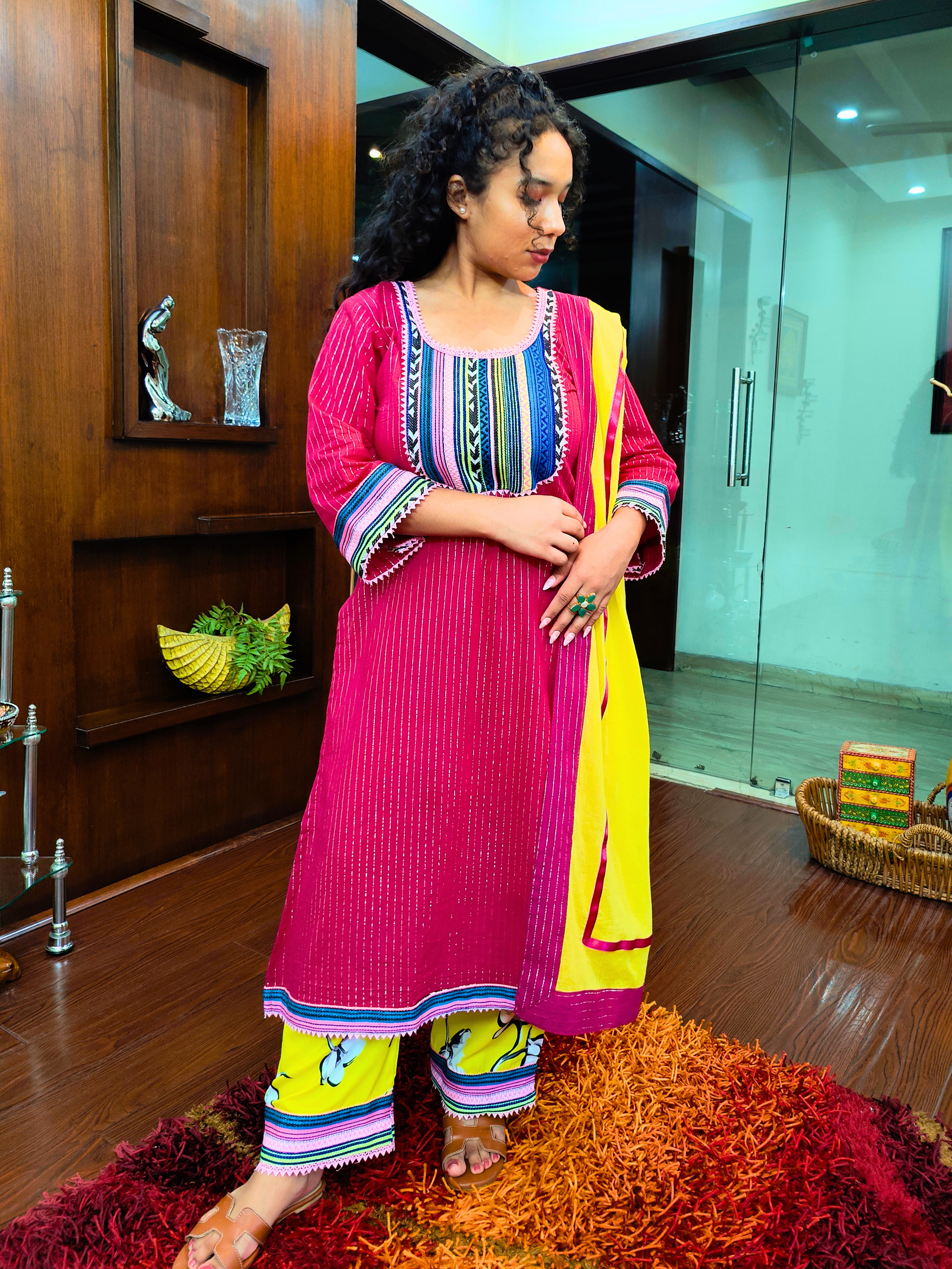 Maroon Striped Multi Embroidered Cotton Stitched Suit Set