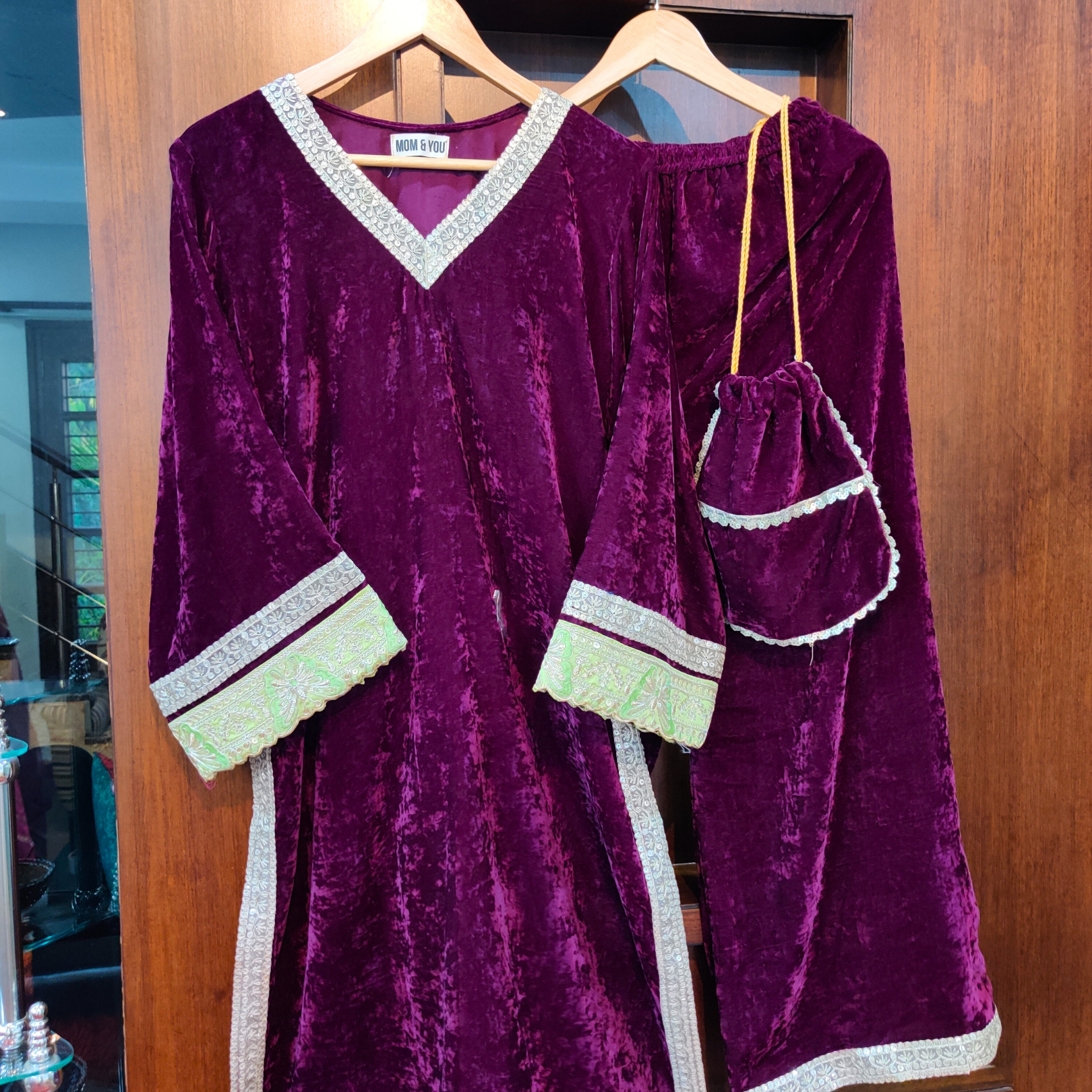 Purple Velvet Silver Gota Stitched Co-Ord Set