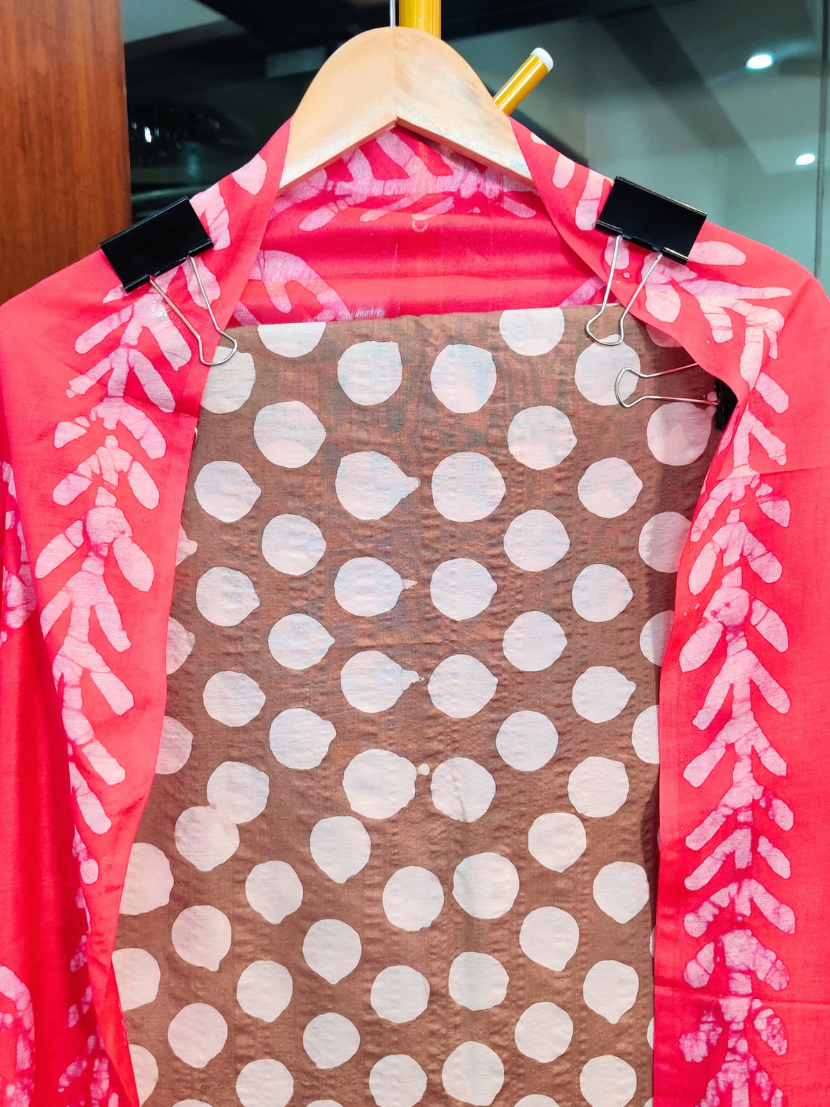 Brown and Peach Batik Cotton Silk Unstitched Dress Material Suit Set