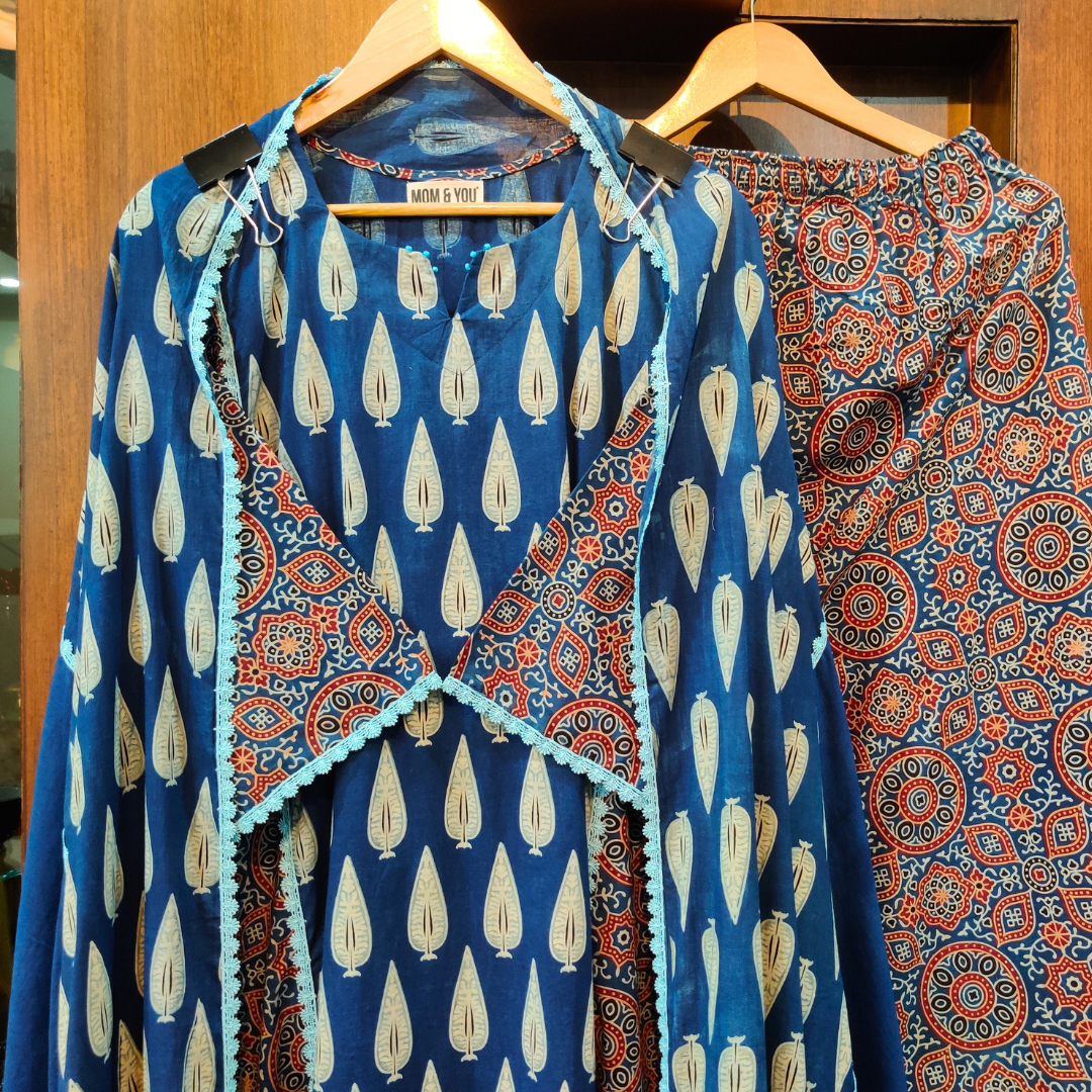 Blue Paisley Ajrakh Cotton Stitched Suit Set