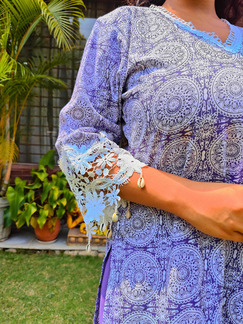 Purple Handblock White Italian Lace Cotton Stitched Suit Set