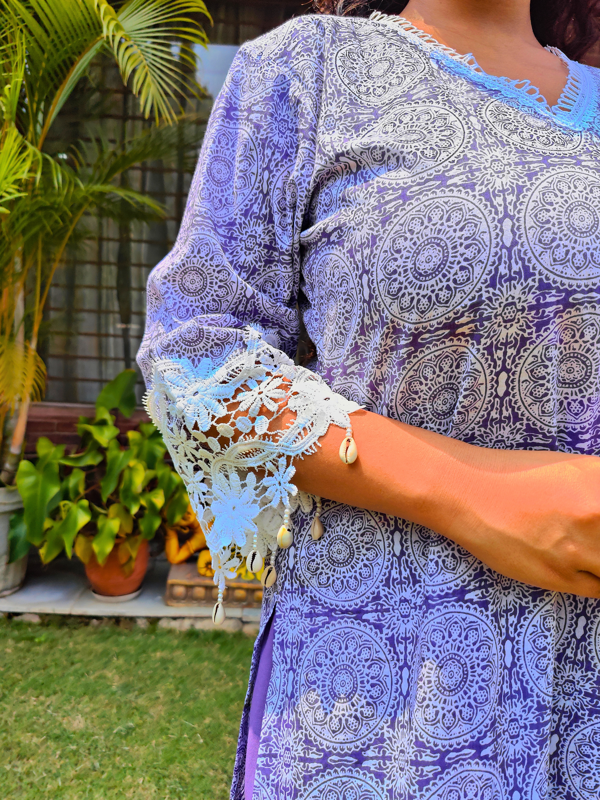 Purple Handblock White Italian Lace Cotton Stitched Suit Set