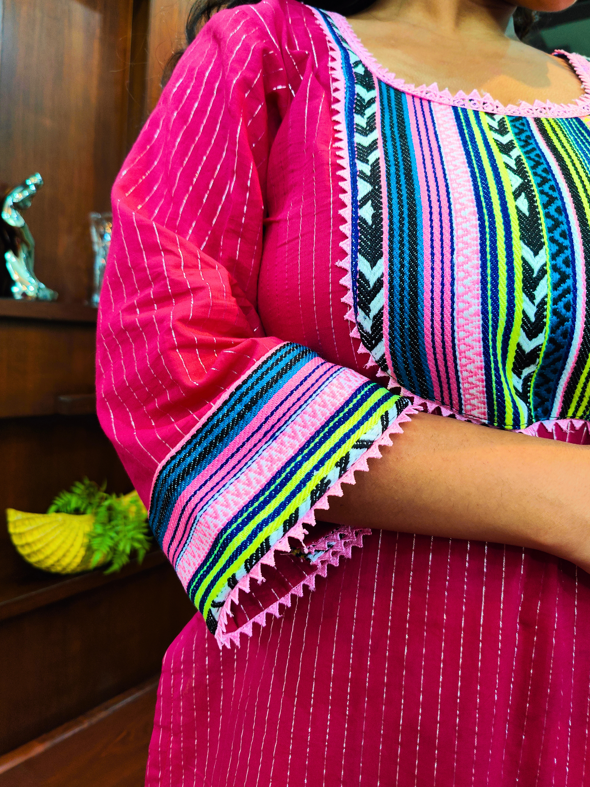 Maroon Striped Multi Embroidered Cotton Stitched Suit Set