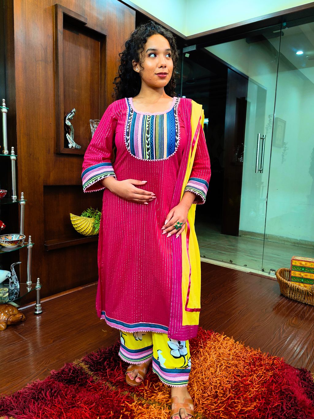 Maroon Striped Multi Embroidered Cotton Stitched Suit Set