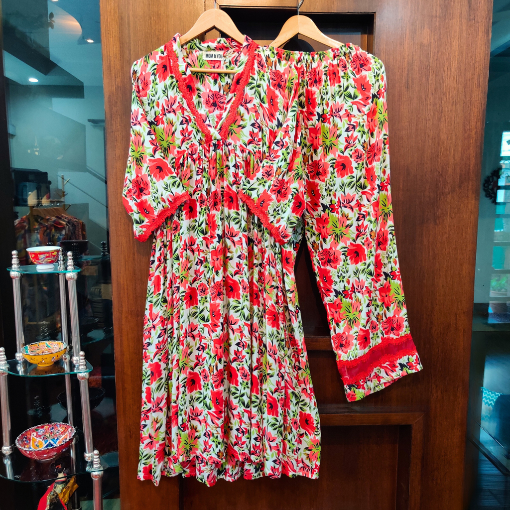 White Floral Digital Printed Nyra Cut Anarkali Cotton Stitched Co-Ord Set