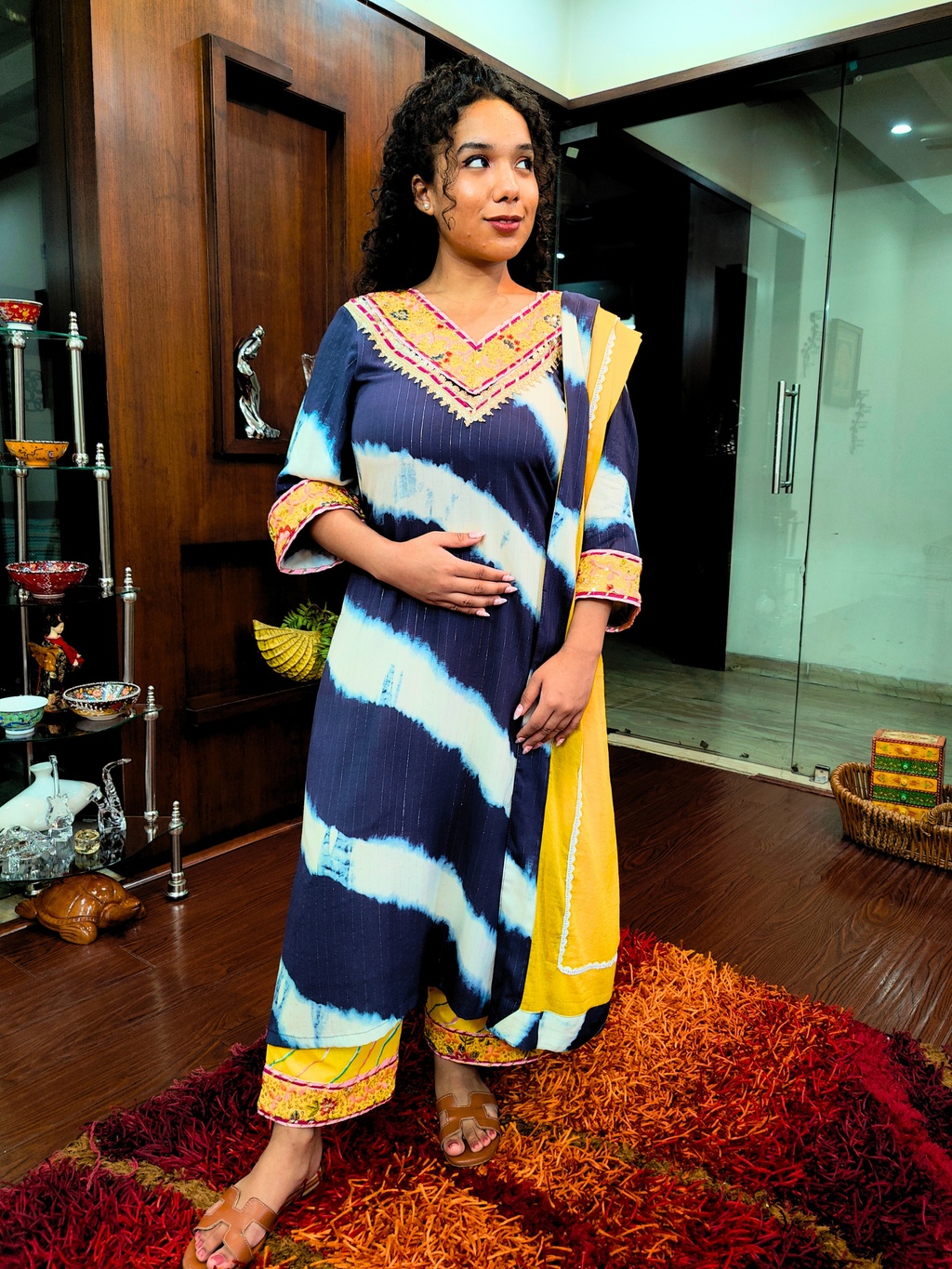 Blue and White Tie Dye Cotton Stitched Suit Set