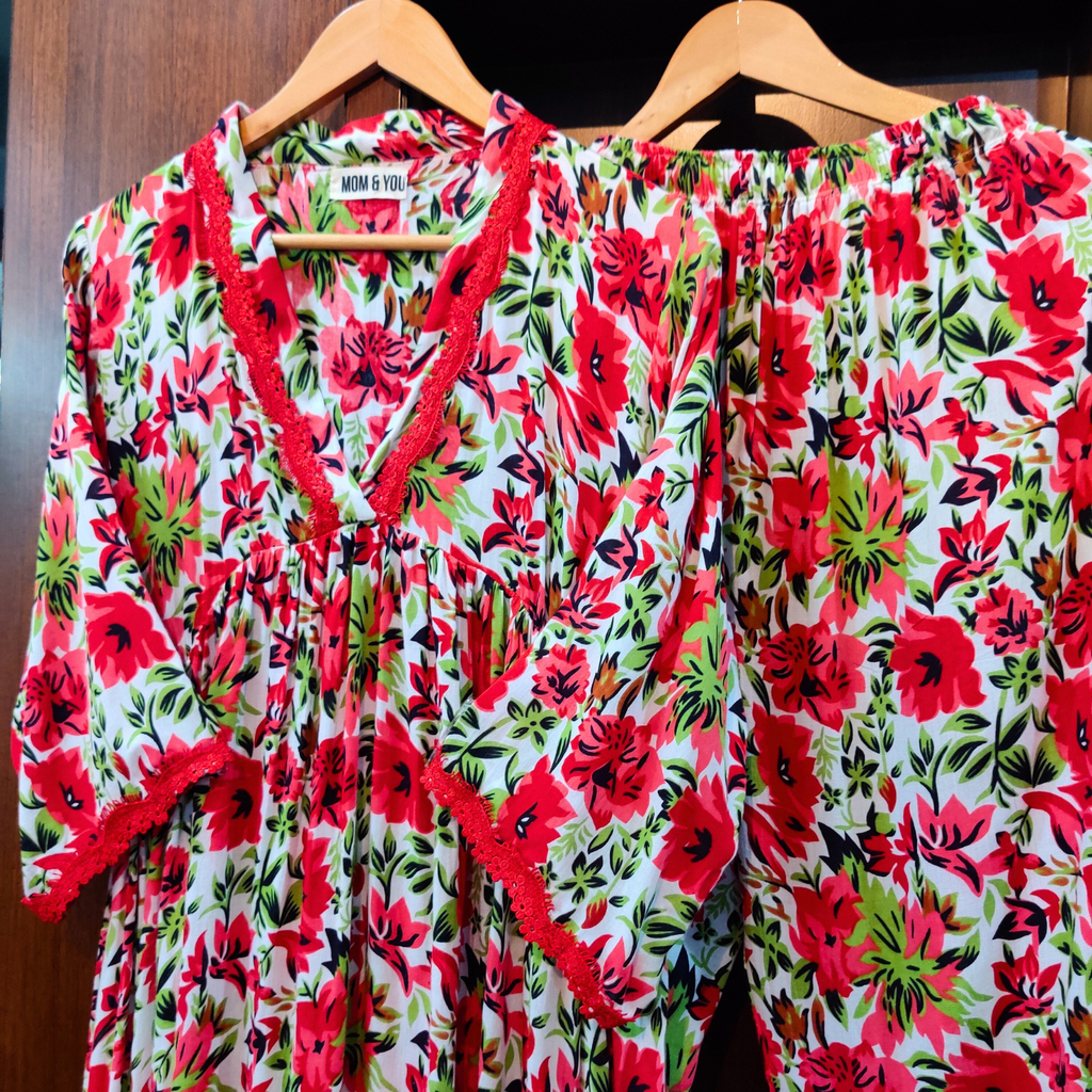 White Floral Digital Printed Nyra Cut Anarkali Cotton Stitched Co-Ord Set