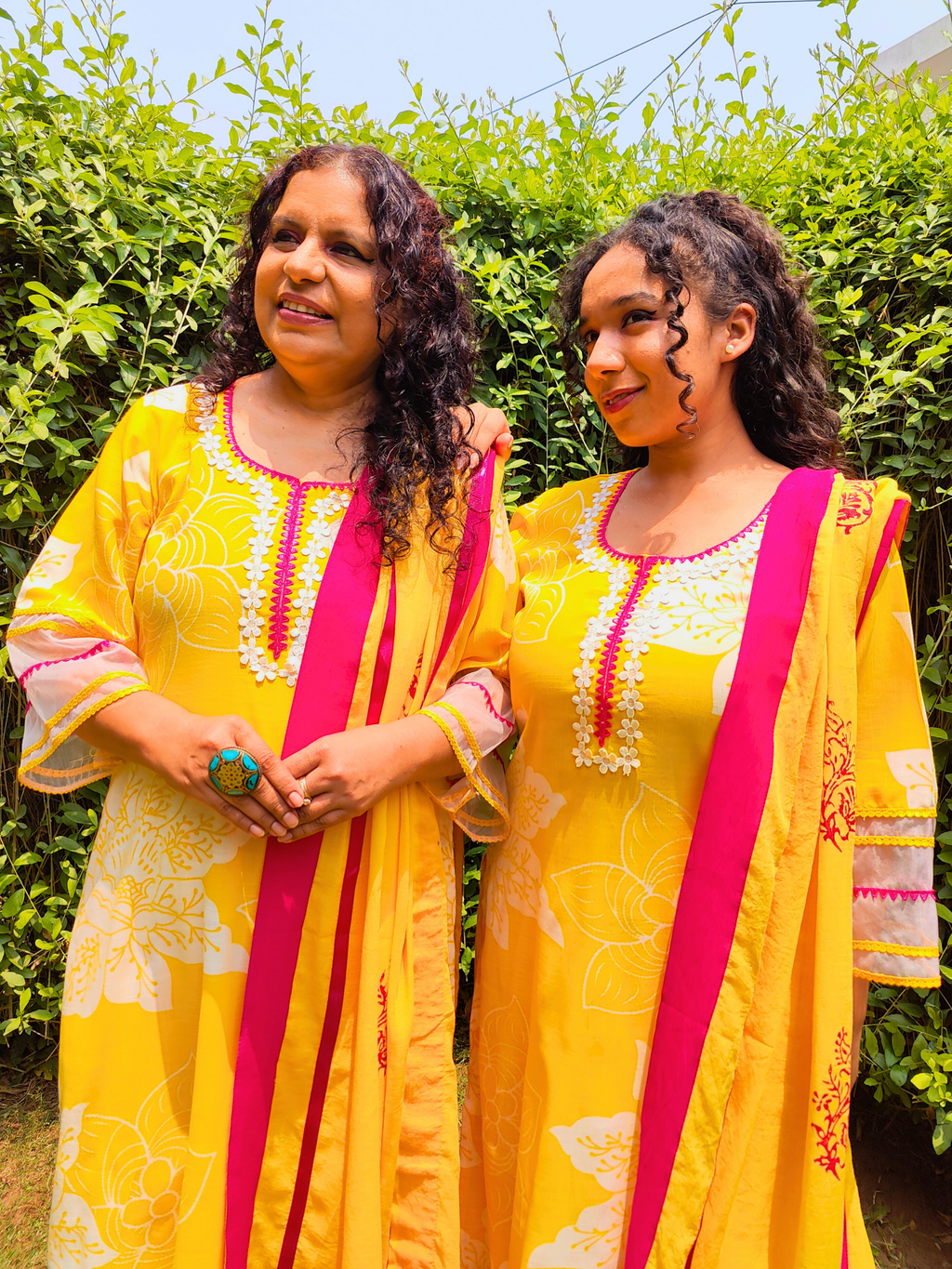 Yellow Digital Printed Magenta Lace Cotton Stitched Suit Set