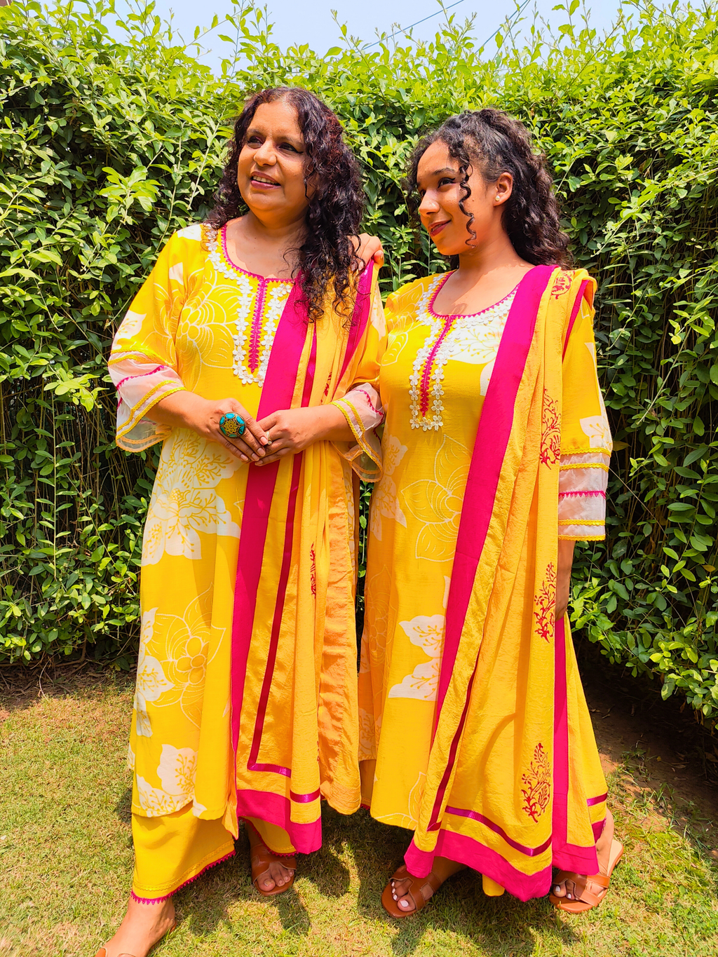 Yellow Digital Printed Magenta Lace Cotton Stitched Suit Set