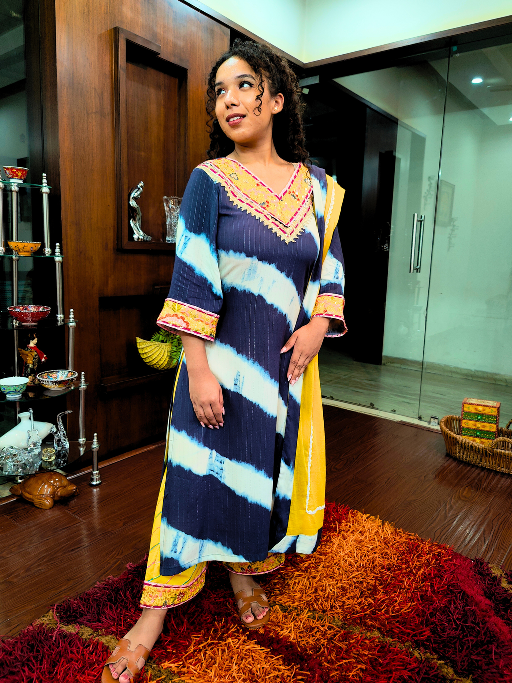 Blue and White Tie Dye Cotton Stitched Suit Set