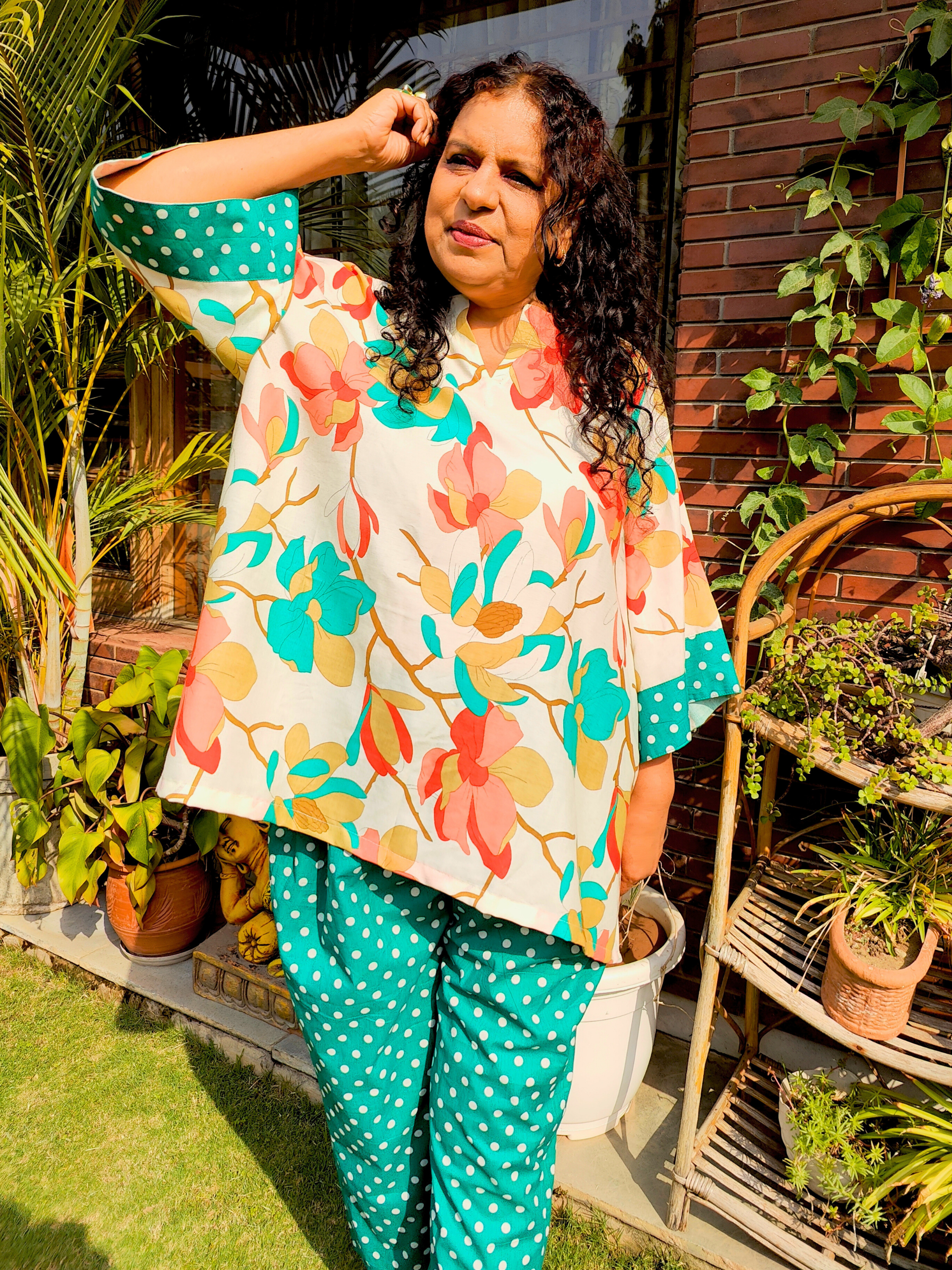 Cream Digital Printed Polka Dot Stitched Co-Ord Set