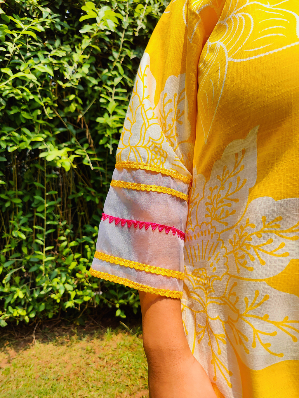 Yellow Digital Printed Magenta Lace Cotton Stitched Suit Set