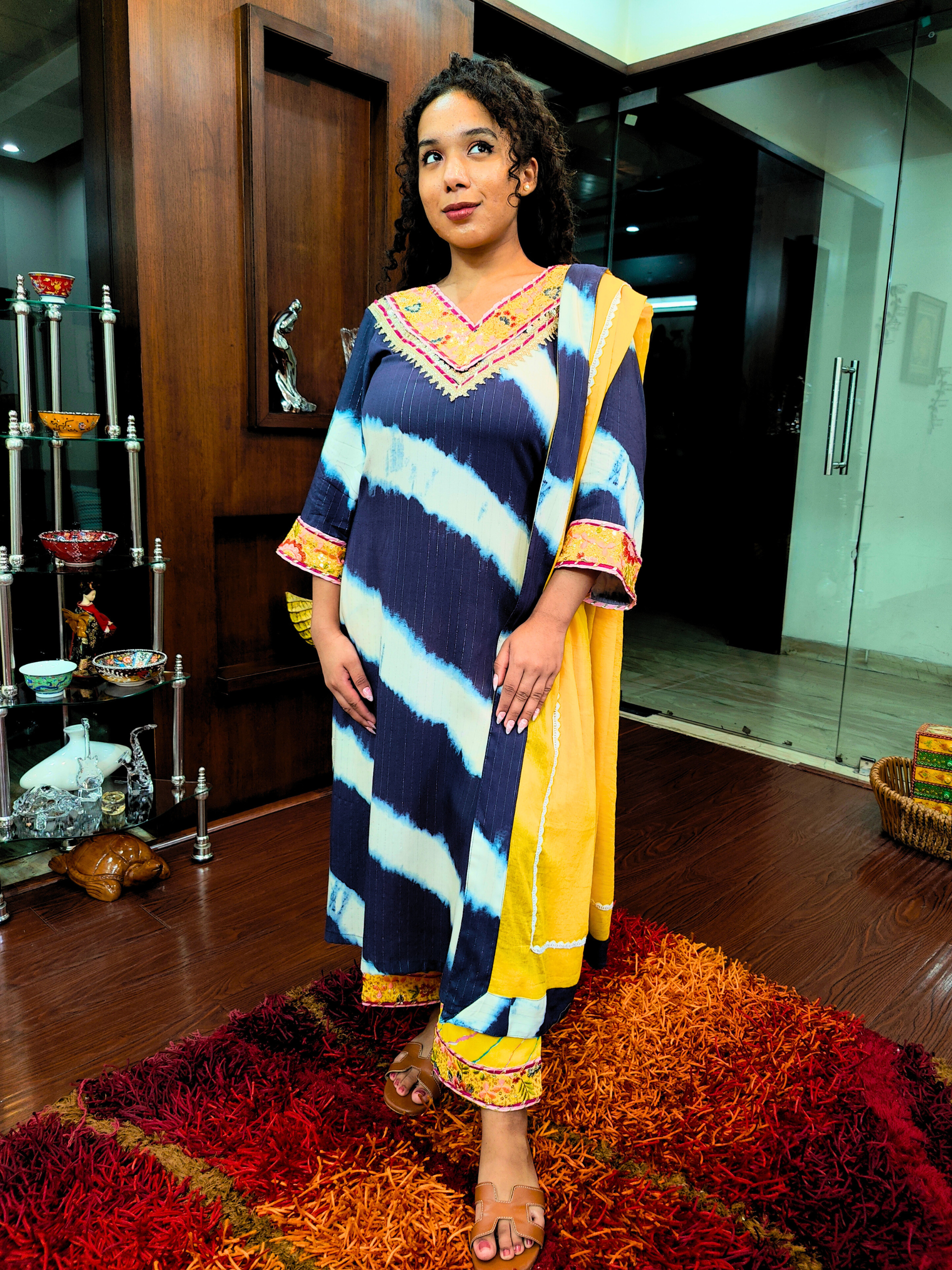 Blue and White Tie Dye Cotton Stitched Suit Set