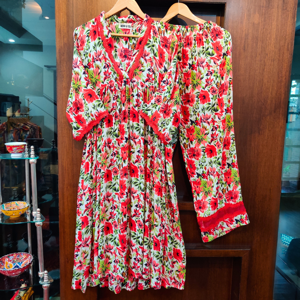 White Floral Digital Printed Nyra Cut Anarkali Cotton Stitched Co-Ord Set