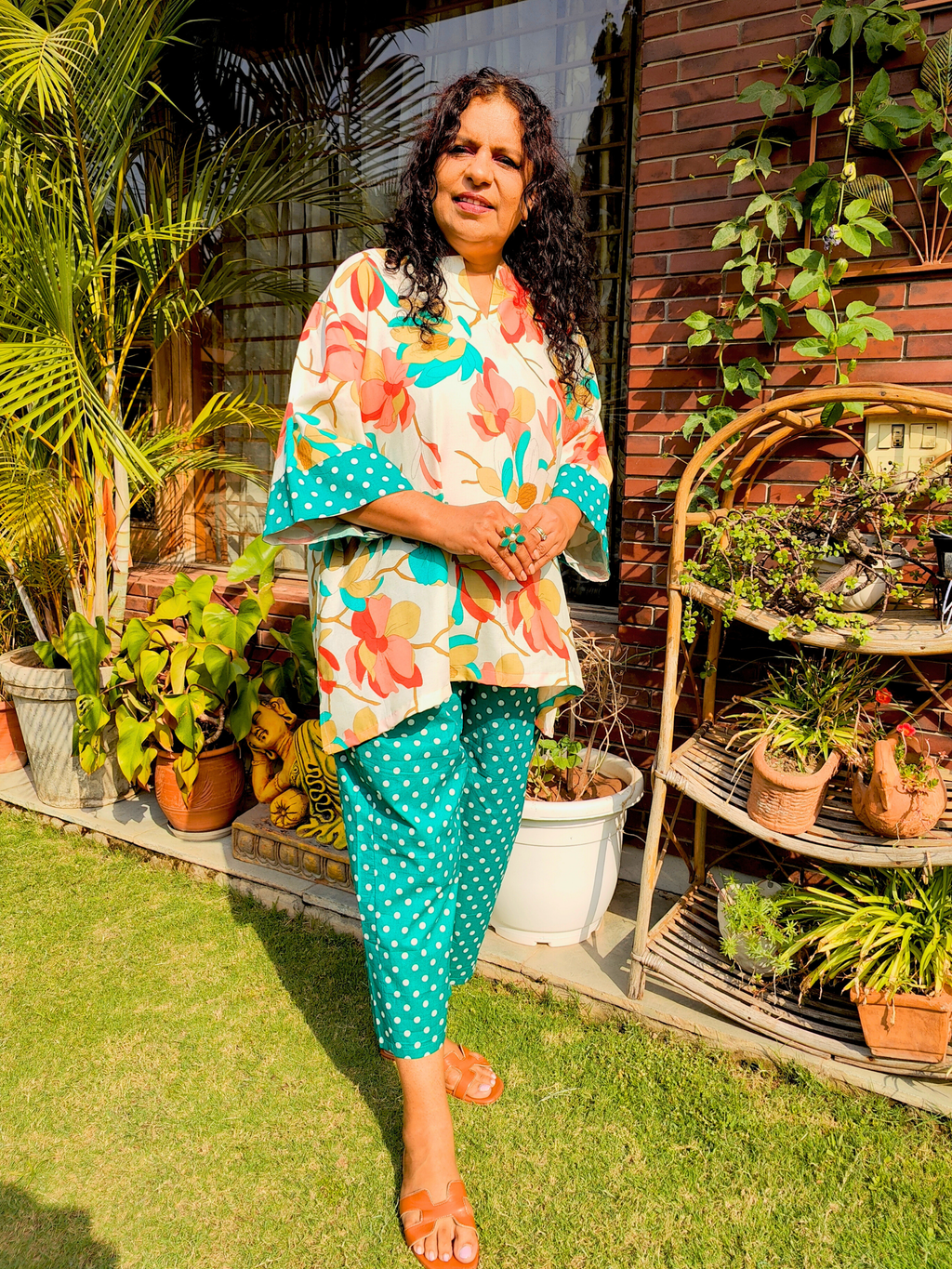 Cream Digital Printed Polka Dot Stitched Co-Ord Set