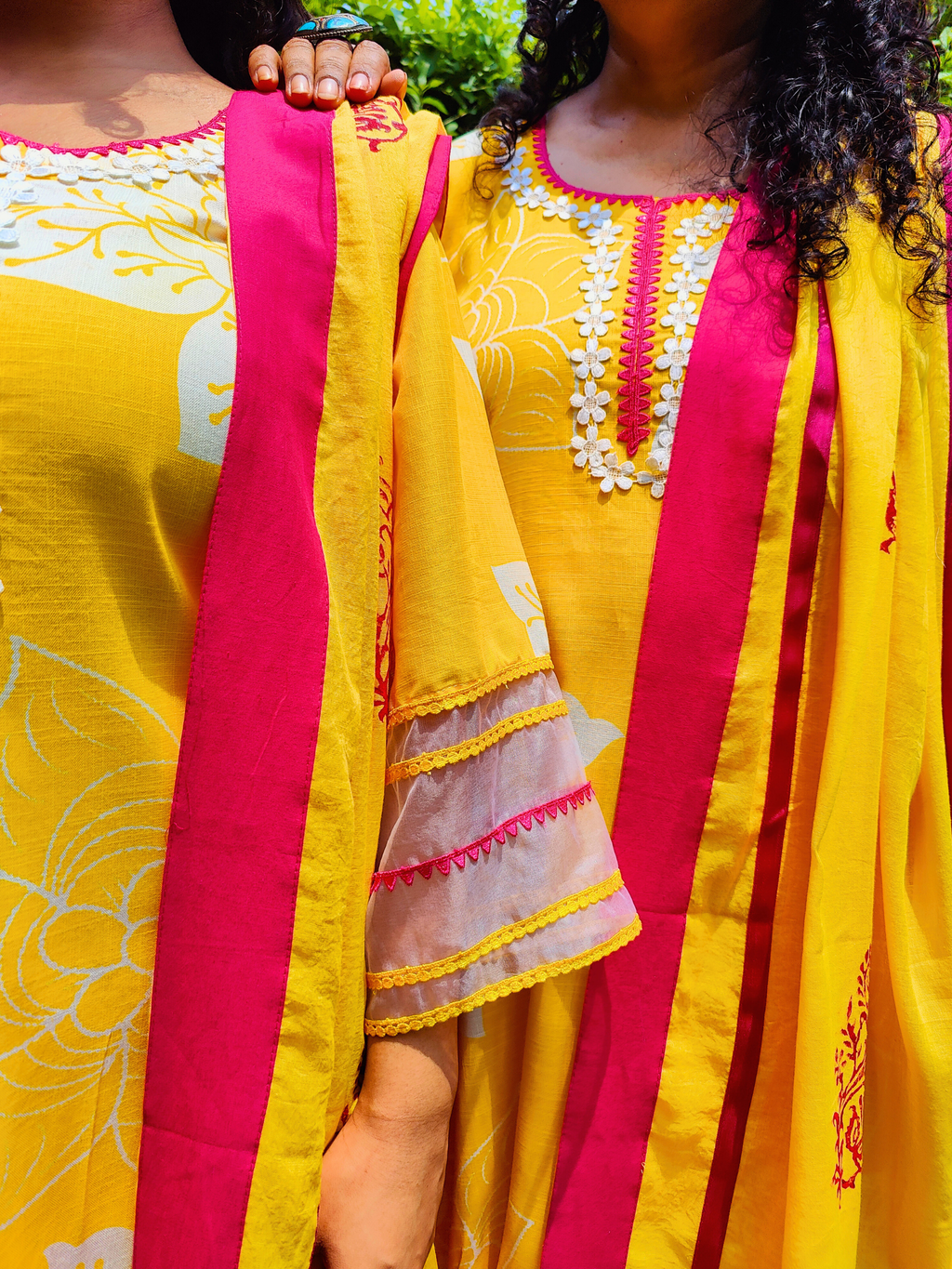 Yellow Digital Printed Magenta Lace Cotton Stitched Suit Set