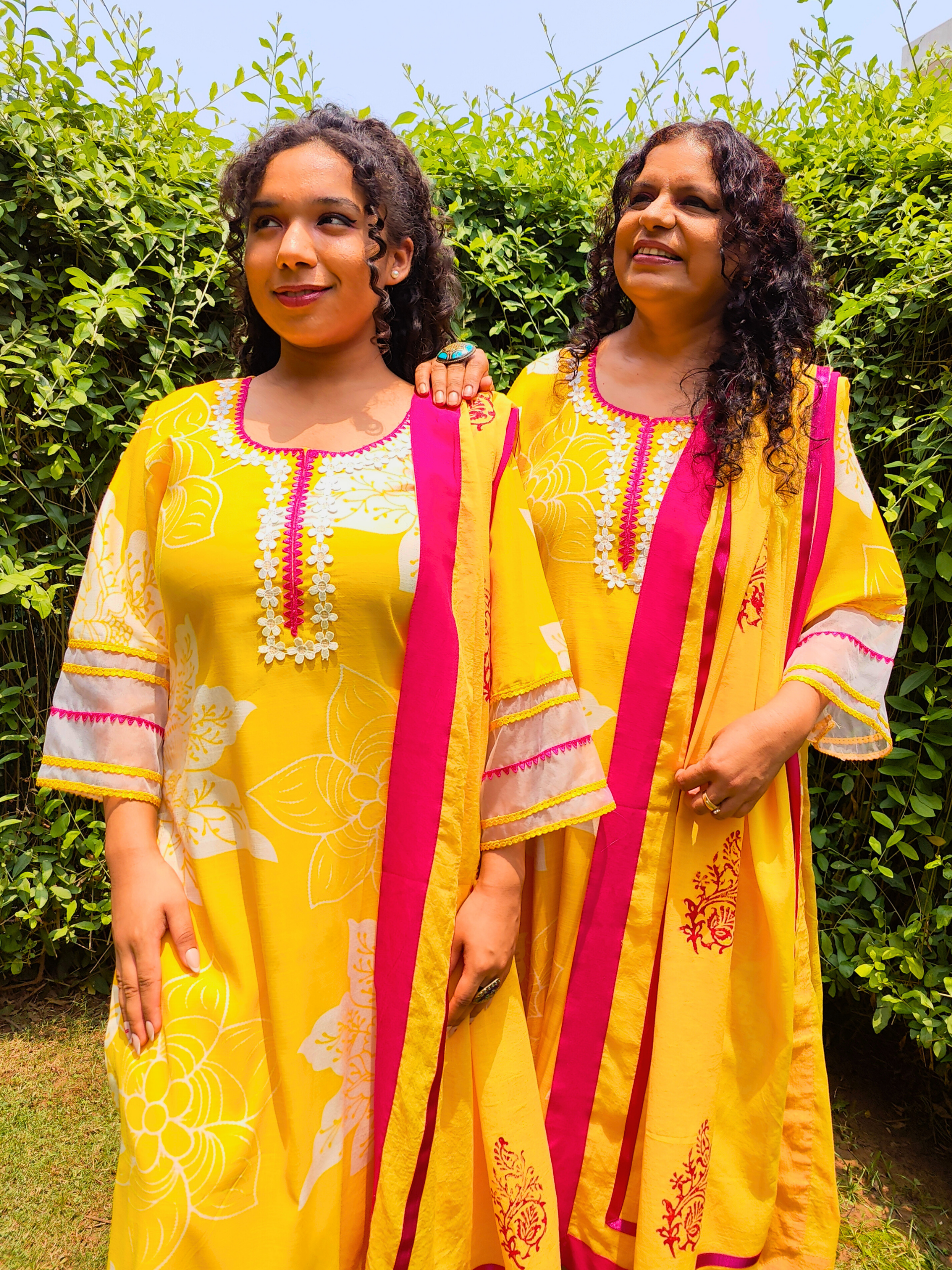 Yellow Digital Printed Magenta Lace Cotton Stitched Suit Set