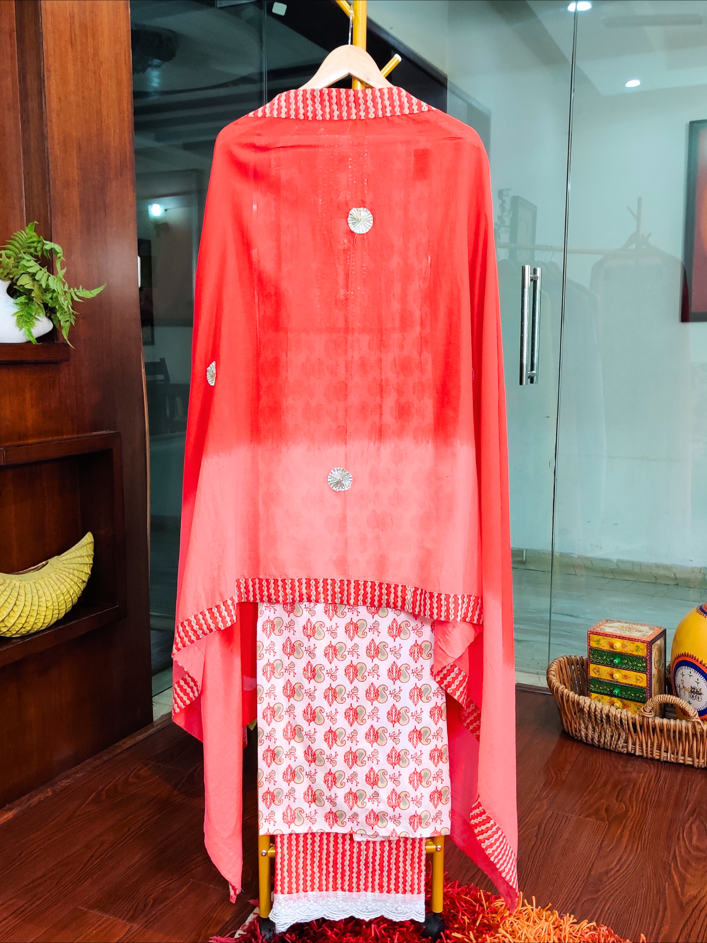Red and White Cotton Unstitched Dress Material Suit Set