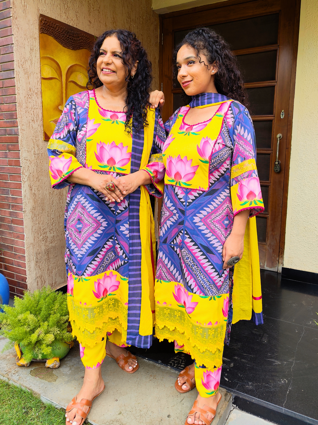 Purple Digital Printed Magenta Lace Cotton Stitched Suit Set