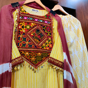 Yellow Striped Multi-Coloured Embroidered Stitched Suit Set