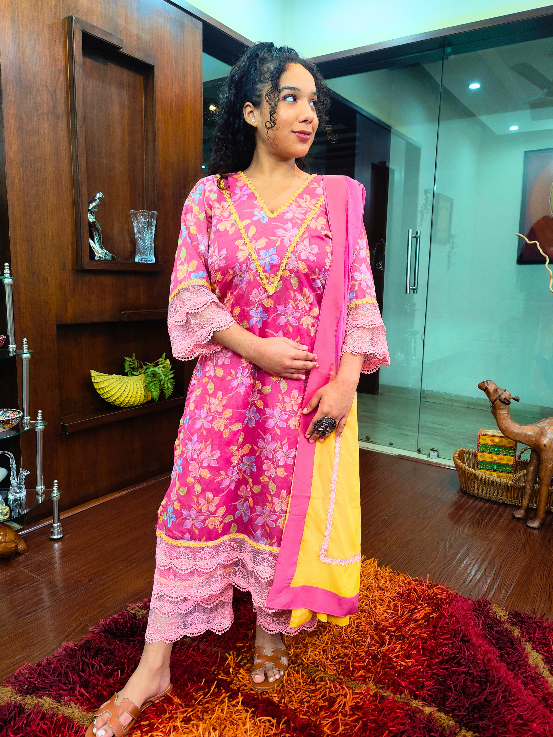 Pink Organza Embroidered Italian Lace Stitched Suit Set