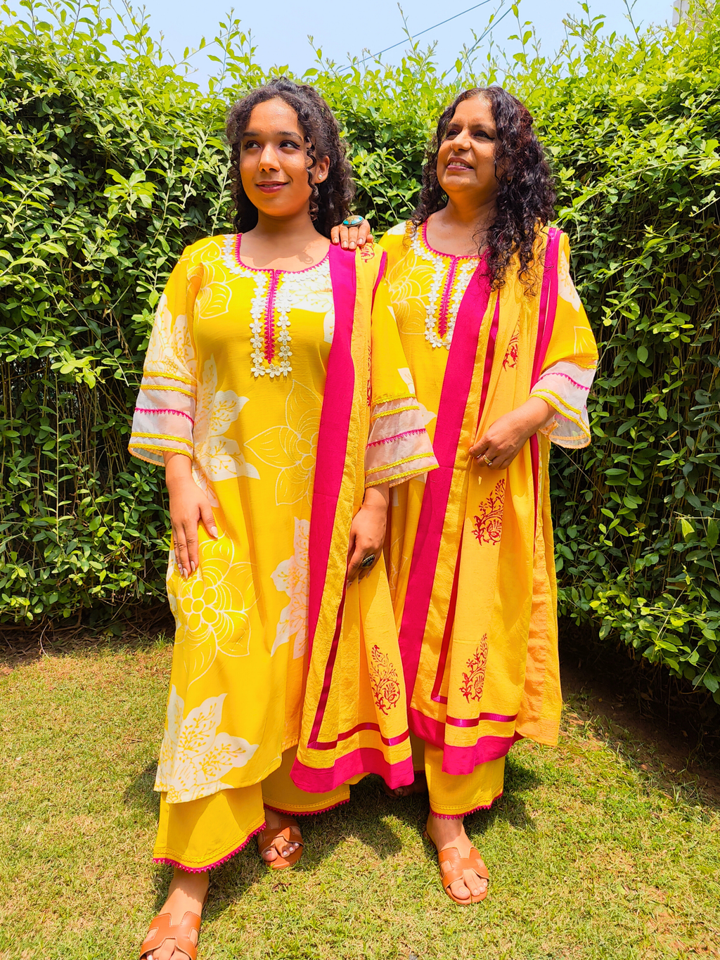 Yellow Digital Printed Magenta Lace Cotton Stitched Suit Set