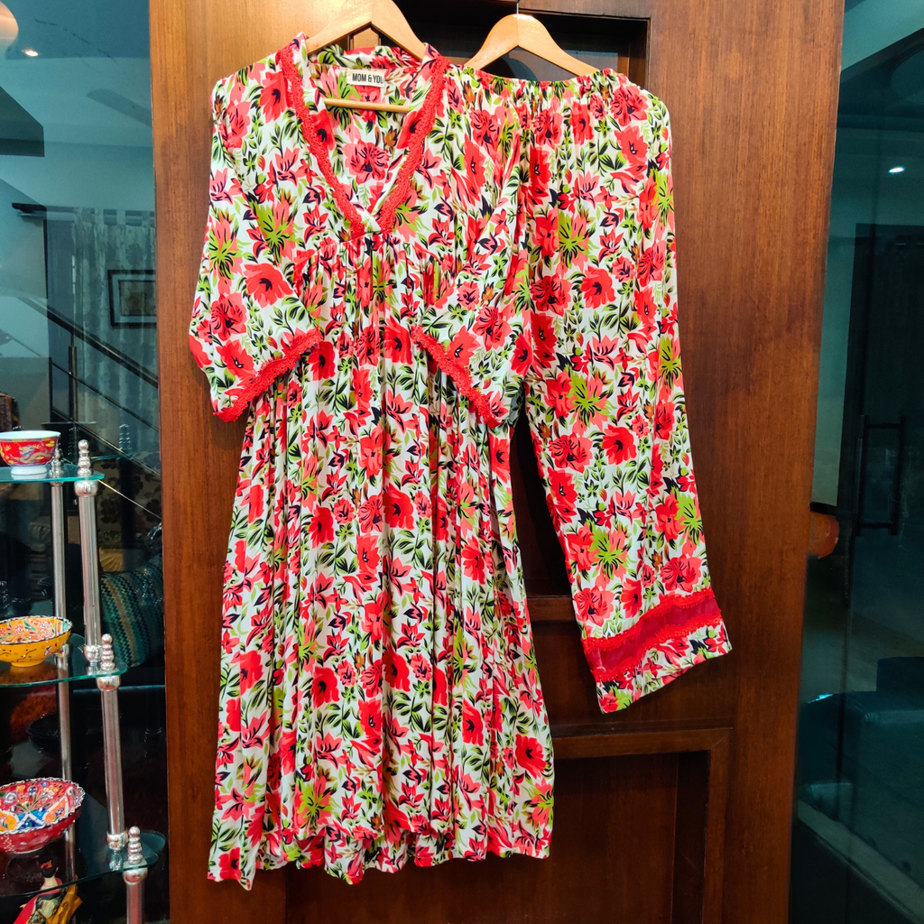 White Floral Digital Printed Nyra Cut Anarkali Cotton Stitched Co-Ord Set