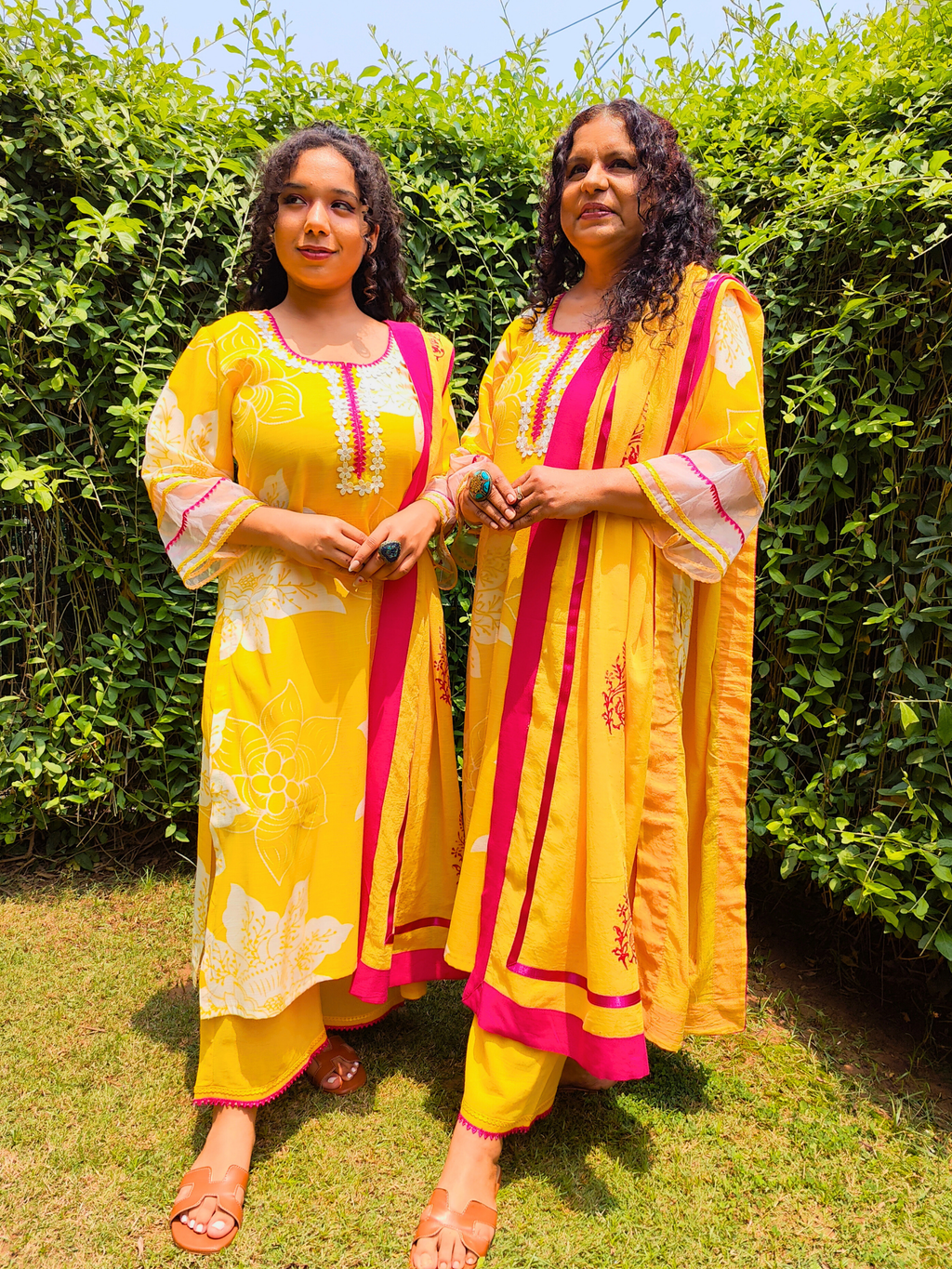 Yellow Digital Printed Magenta Lace Cotton Stitched Suit Set