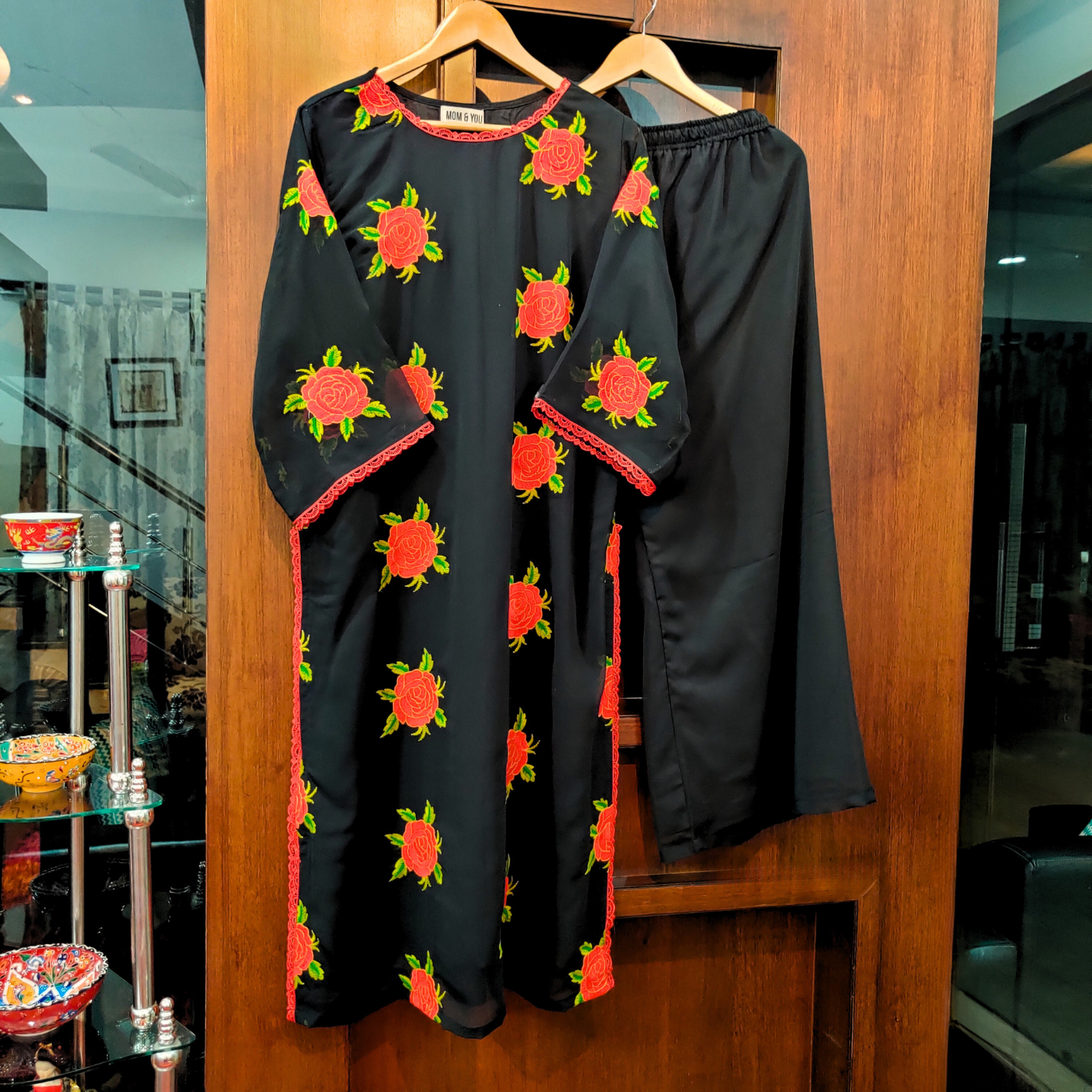 Black Georgette Red Floral Embroidered Stitched Co-Ord Set