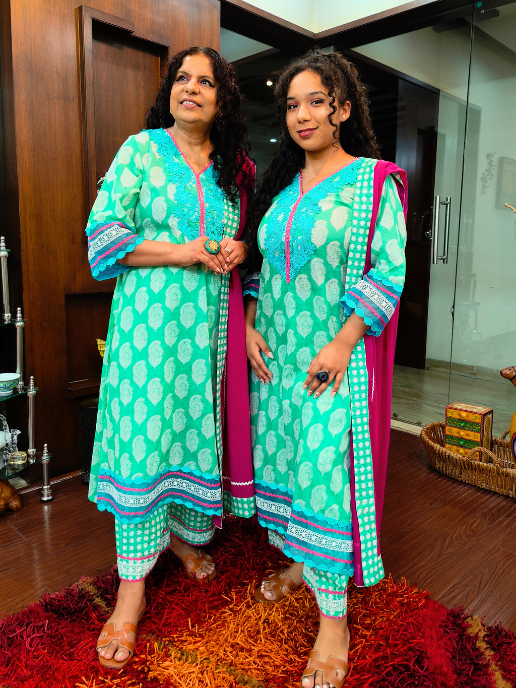 Green Handblock Sky Blue Italian Lace Cotton Stitched Suit Set