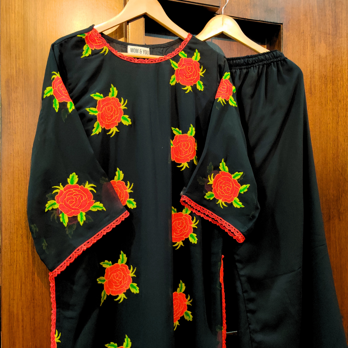 Black Georgette Red Floral Embroidered Stitched Co-Ord Set