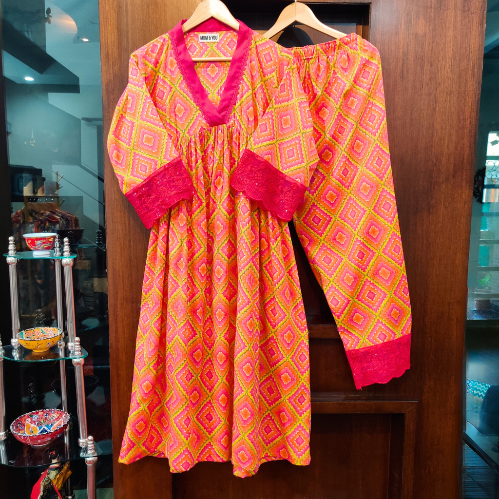 Orange Digital Printed Nyra Cut Anarkali Cotton Stitched Co-Ord Set