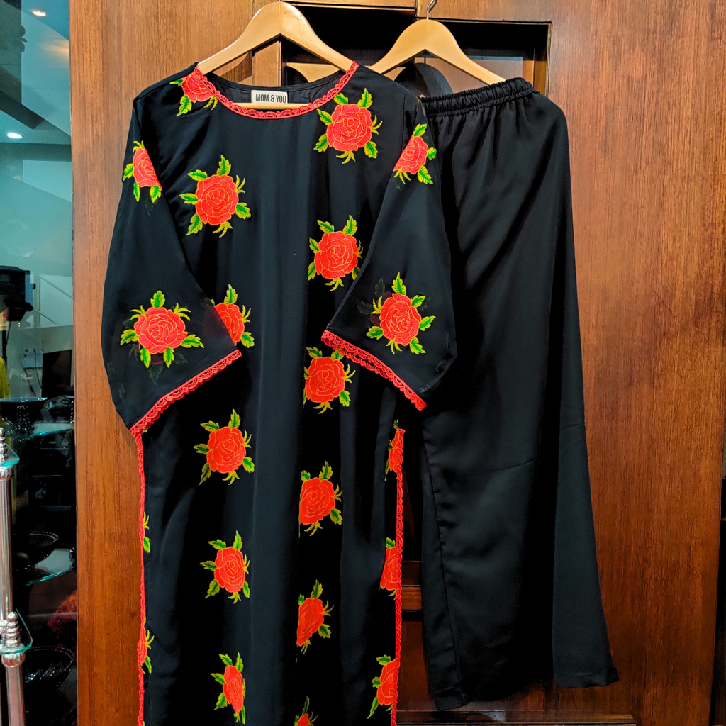 Black Georgette Red Floral Embroidered Stitched Co-Ord Set