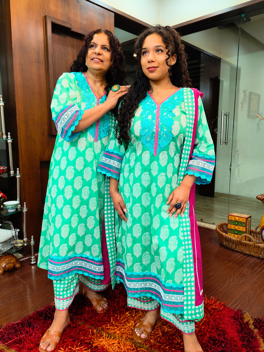 Green Handblock Sky Blue Italian Lace Cotton Stitched Suit Set