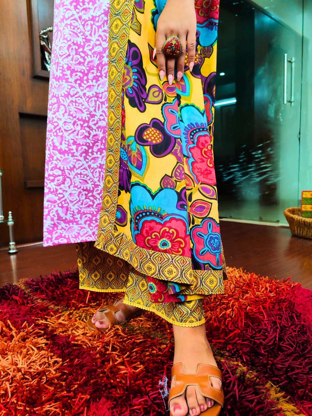 Pink Handblock Multi Coloured Digital Printed Cotton Stitched Suit Set