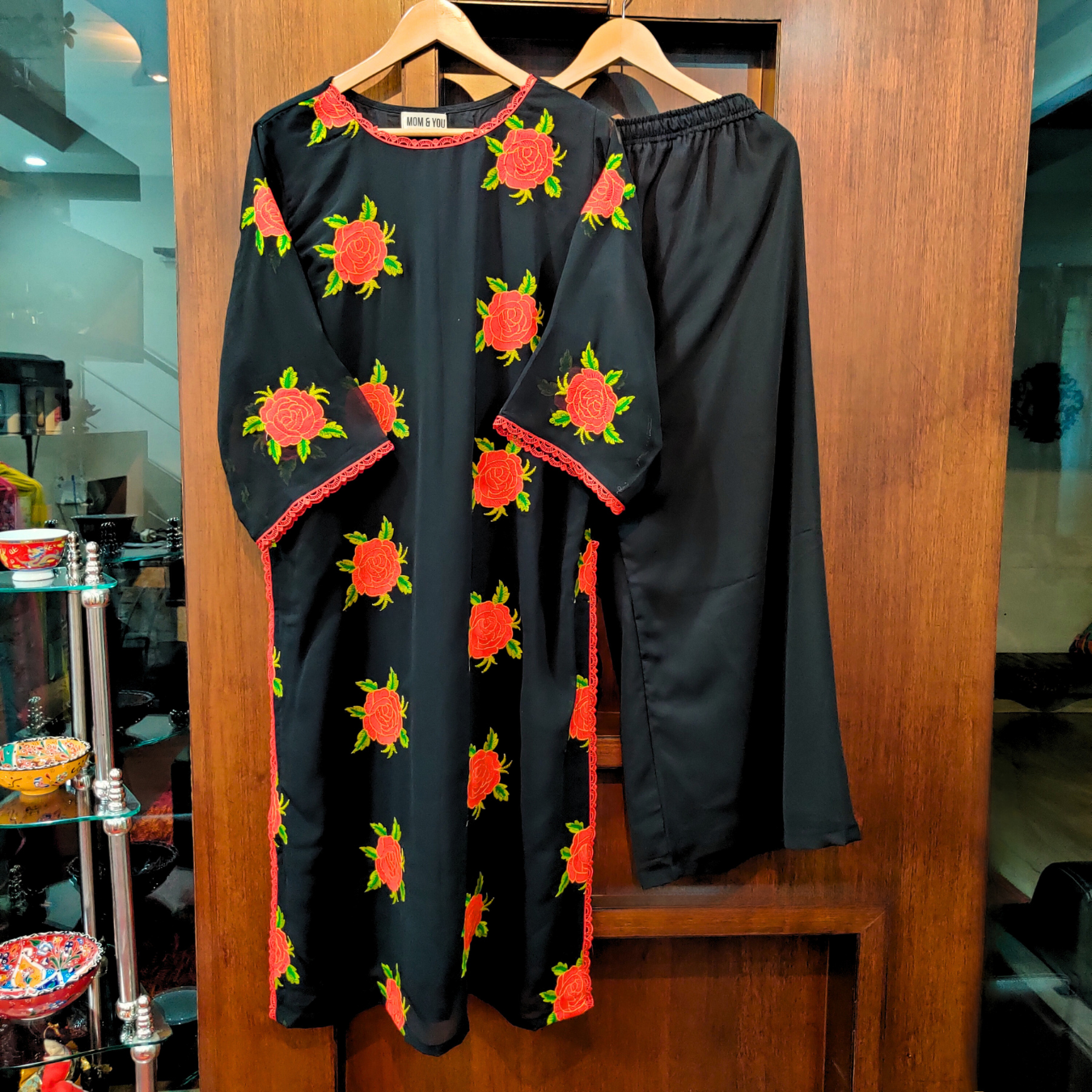 Black Georgette Red Floral Embroidered Stitched Co-Ord Set