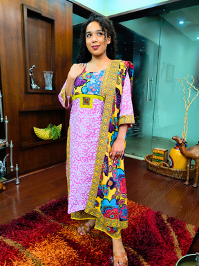 Pink Handblock Multi Coloured Digital Printed Cotton Stitched Suit Set