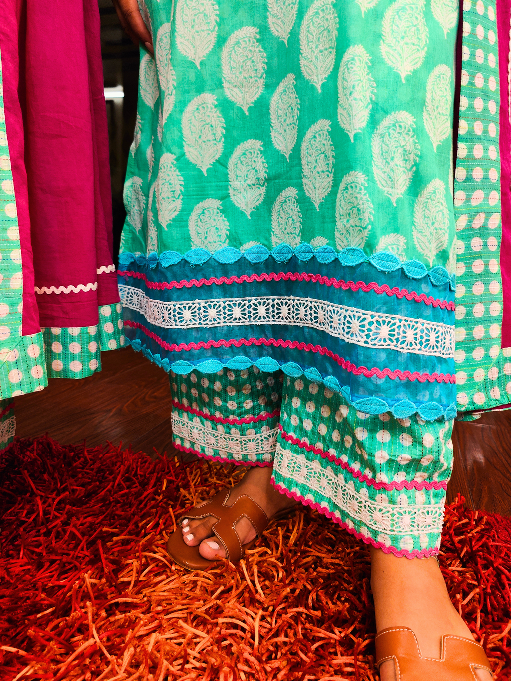 Green Handblock Sky Blue Italian Lace Cotton Stitched Suit Set