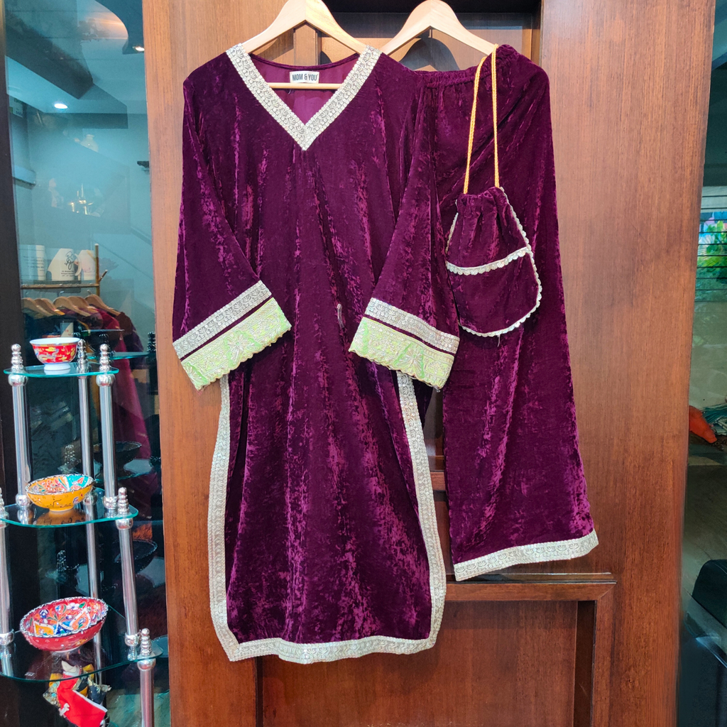Purple Velvet Silver Gota Stitched Co-Ord Set