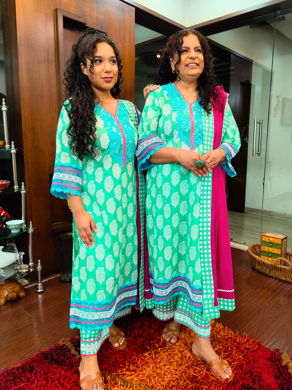 Green Handblock Sky Blue Italian Lace Cotton Stitched Suit Set