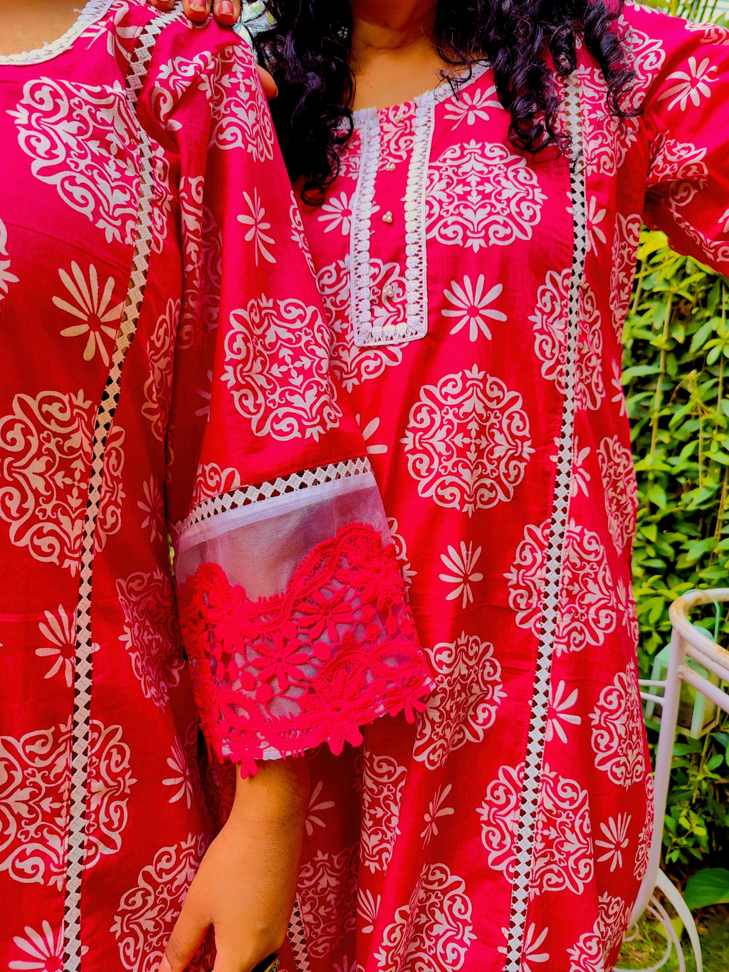 Magenta handblock Cotton White Lace Stitched Co-Ord Set