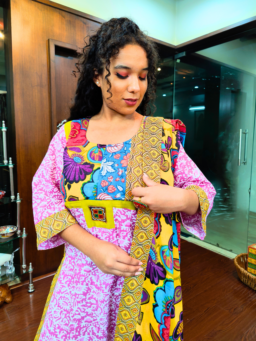 Pink Handblock Multi Coloured Digital Printed Cotton Stitched Suit Set