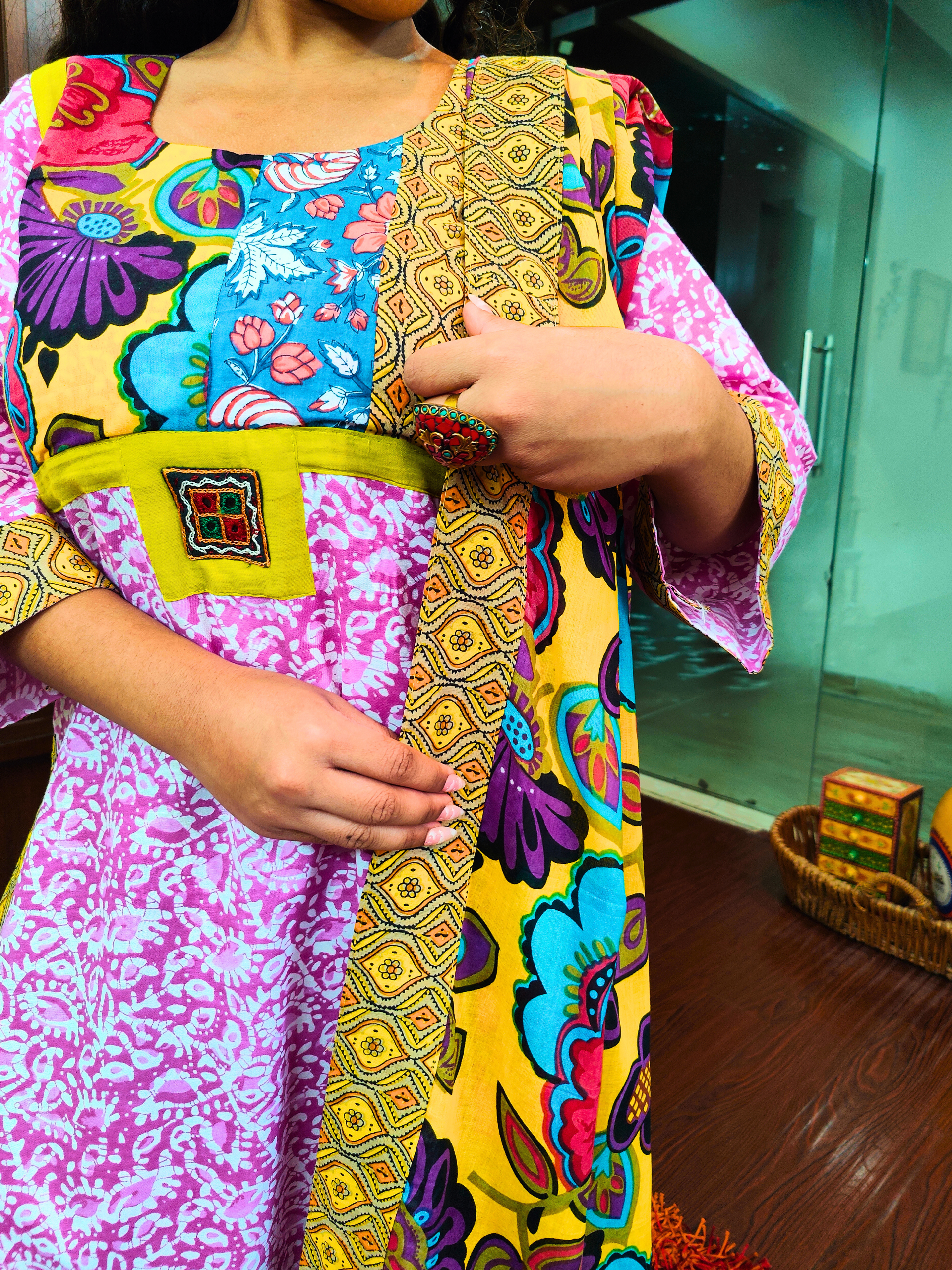 Pink Handblock Multi Coloured Digital Printed Cotton Stitched Suit Set