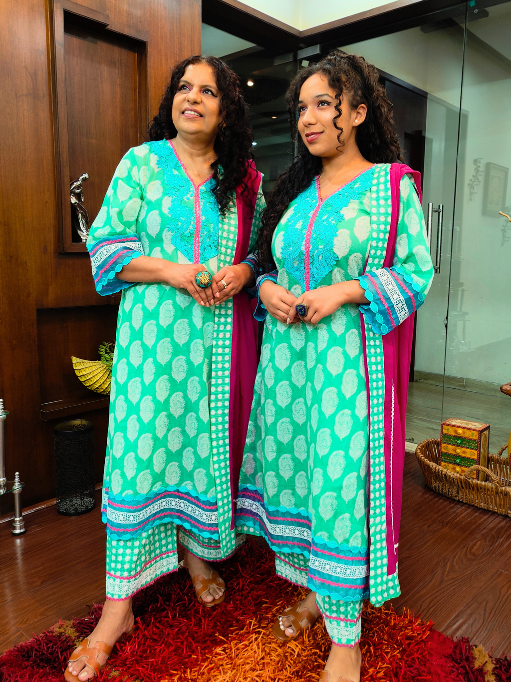 Green Handblock Sky Blue Italian Lace Cotton Stitched Suit Set