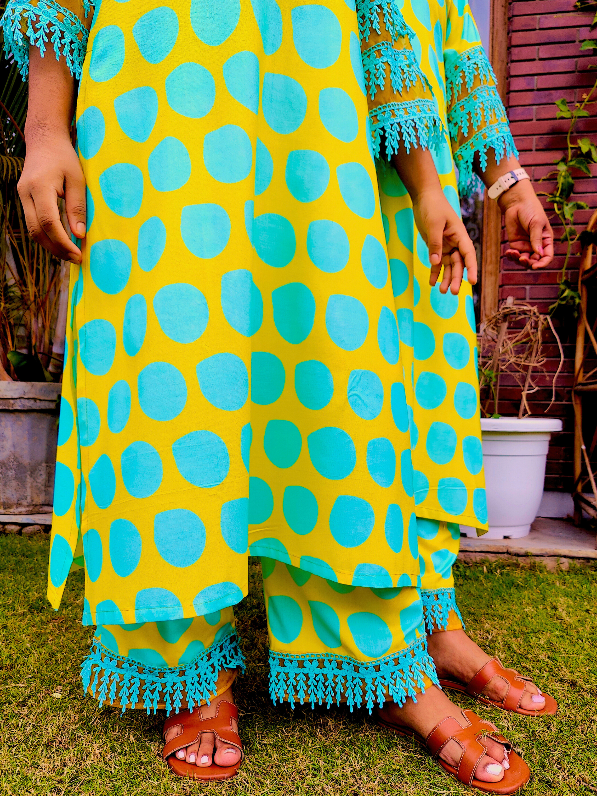 Lime Green Polka Dot Cotton Stitched Co-Ord Set