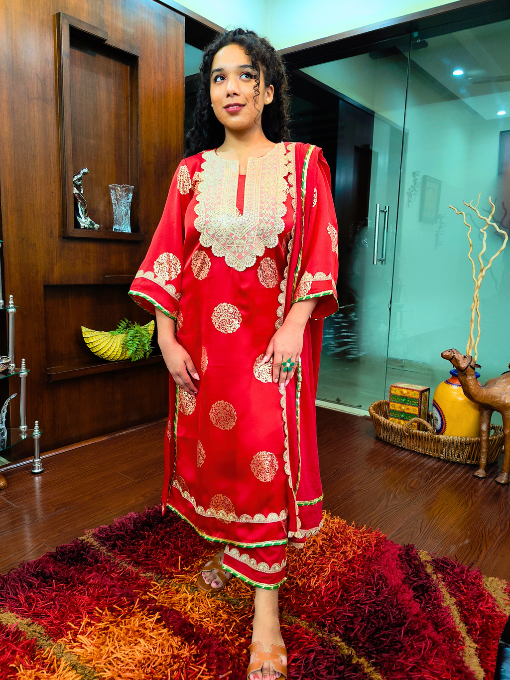 Red Silk Handblock Banarsi Gota Stitched Suit Set