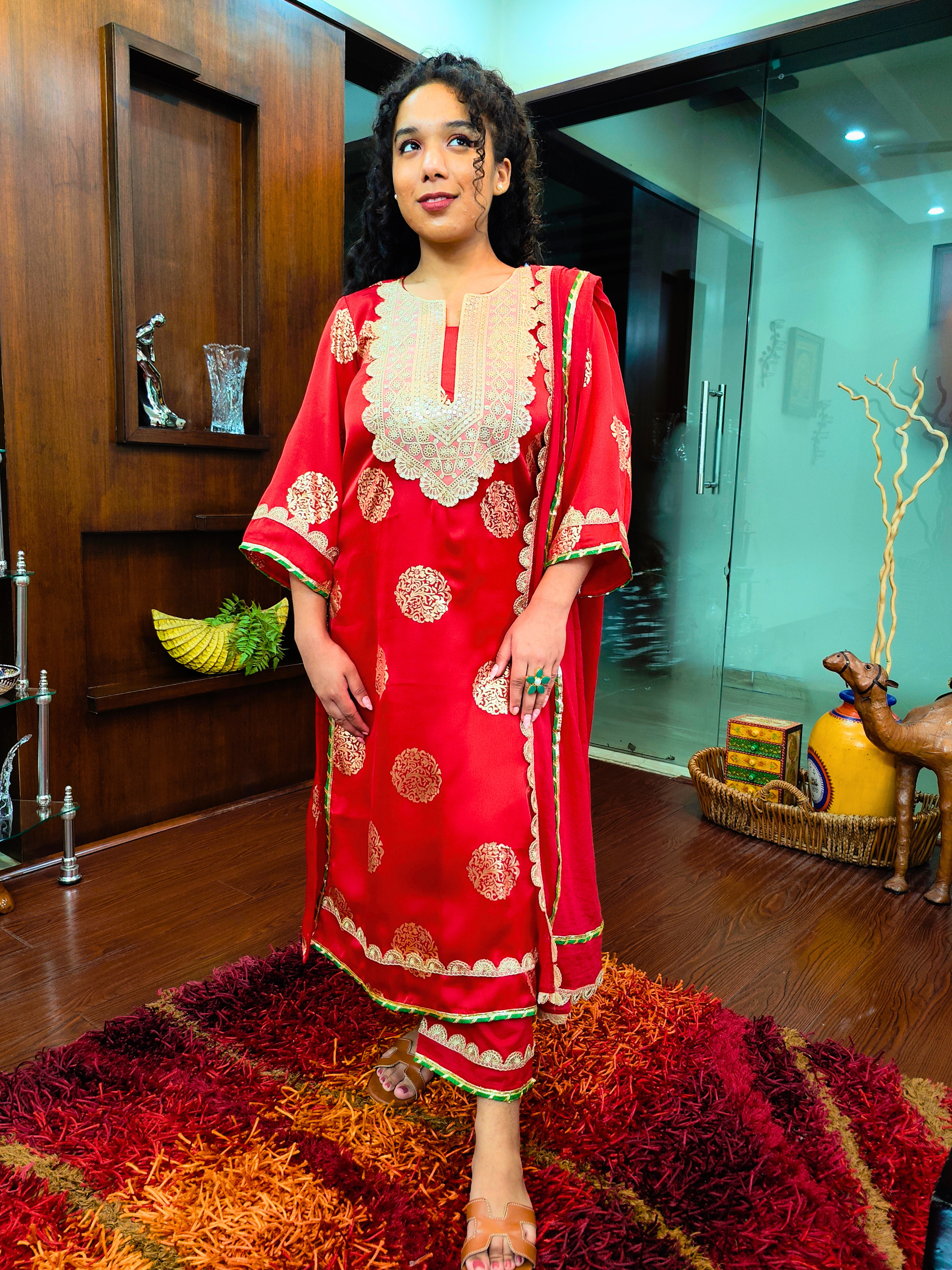 Red Silk Handblock Banarsi Gota Stitched Suit Set