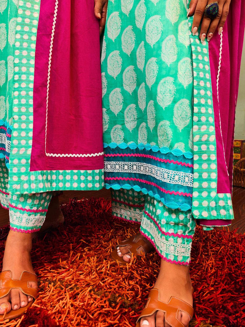 Green Handblock Sky Blue Italian Lace Cotton Stitched Suit Set